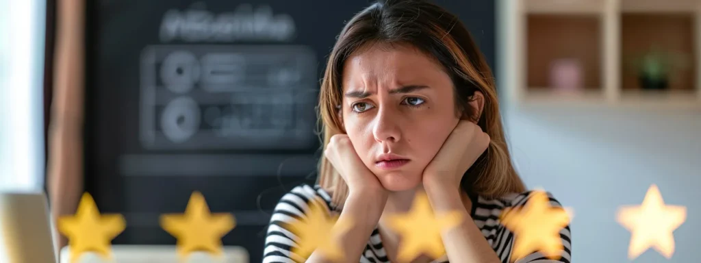 a business owner staring at a computer screen with a mix of positive and negative online reviews, highlighting the contrasting impact on their brand reputation.
