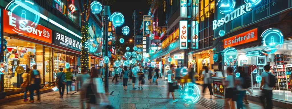 a bustling city street with various storefronts displaying glowing reviews and ratings, showcasing the influence of online review platforms on businesses.