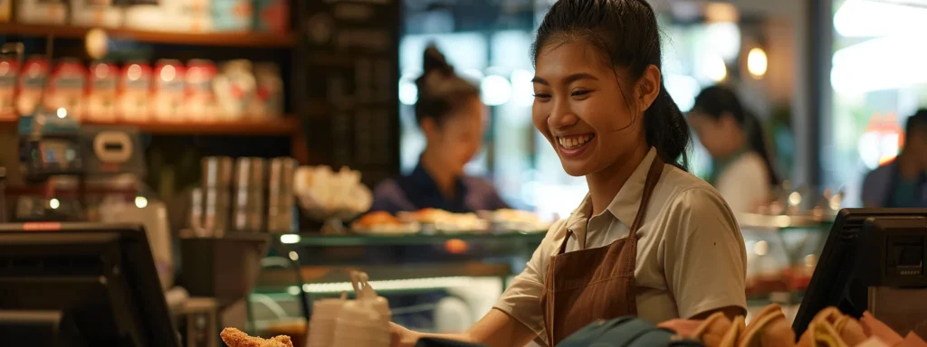 a friendly staff member engaging with a satisfied customer, surrounded by glowing reviews and social media interactions.