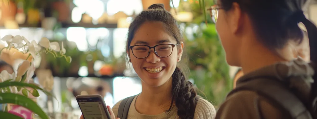 a joyful customer smiling while holding their phone, receiving a personalised review invitation from a friendly staff member in a welcoming shop environment.